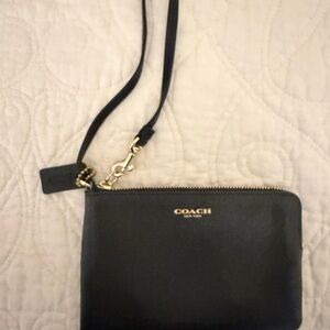 Coach Black Leather Zip Wristlet with Gold Hardware